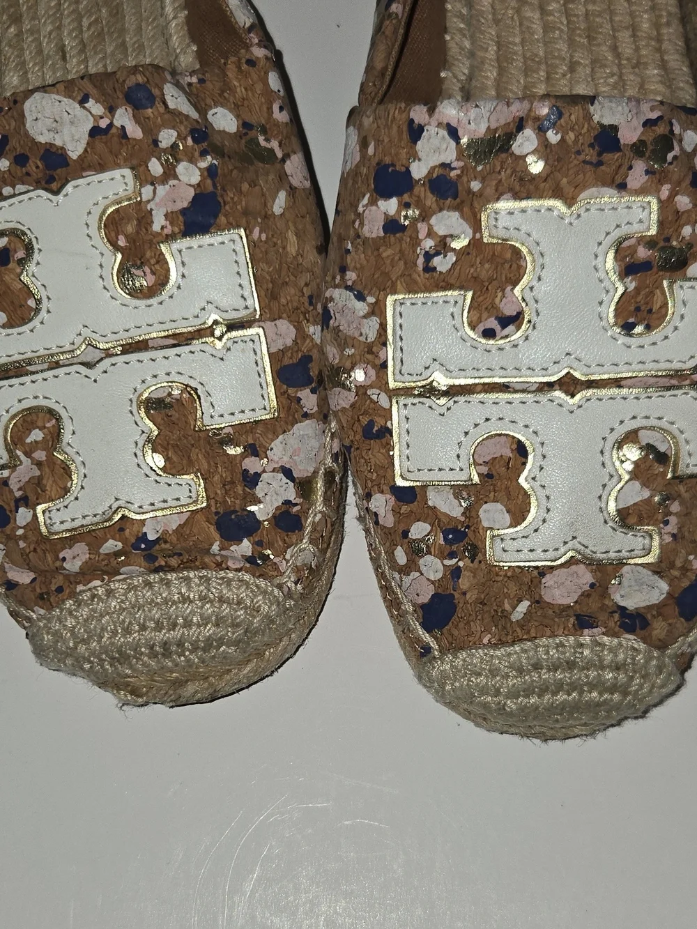 Tory Burch Cork Espadrilles with White Logo and Multicolor Speckle